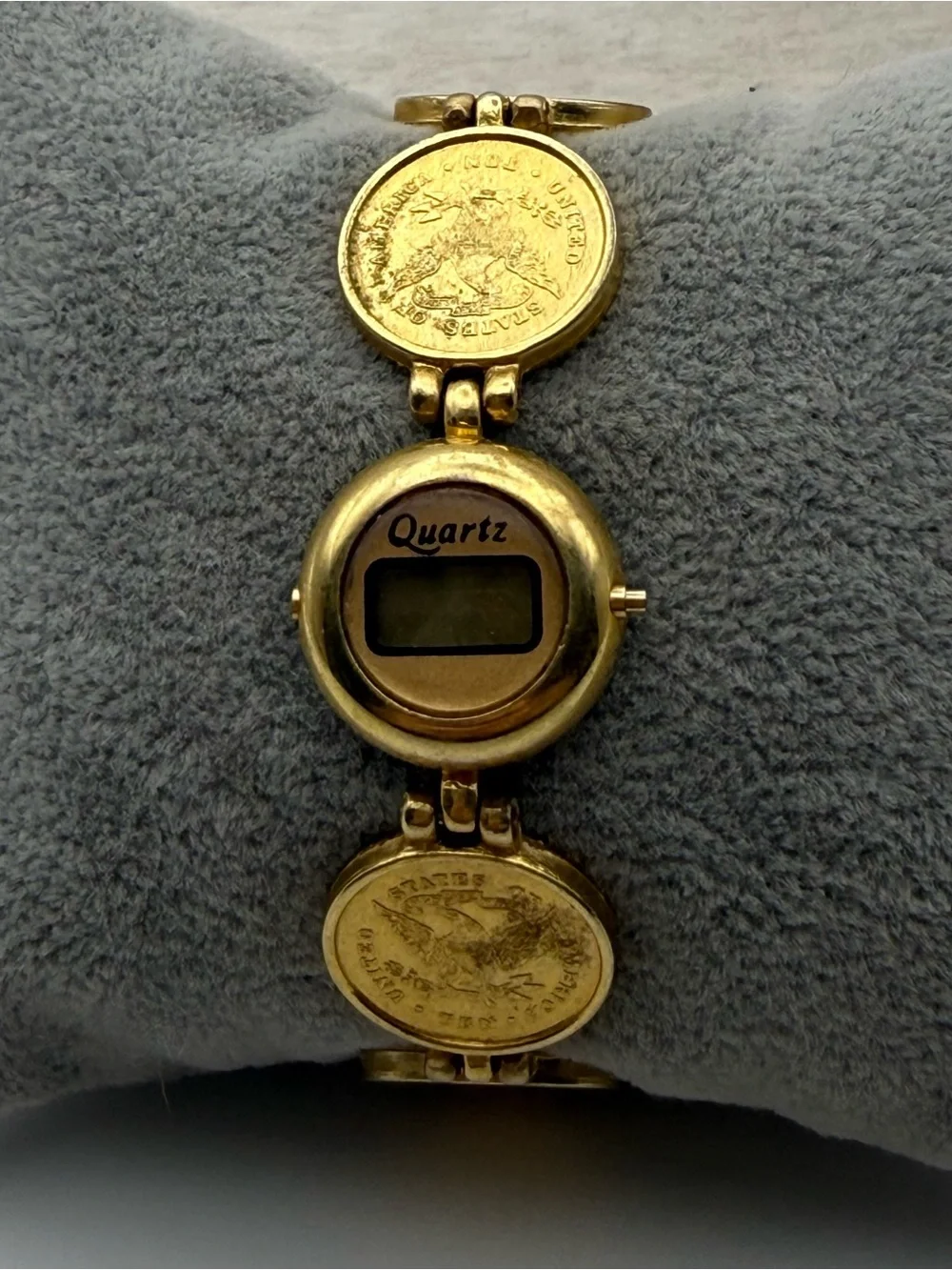 Gold Tone Coin-Link Quartz Digital Bracelet Watch